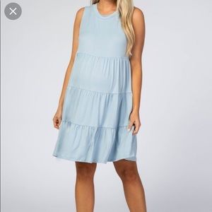 Light Blue Soft Knit Pleated Tiered Sleeveless Maternity Dress